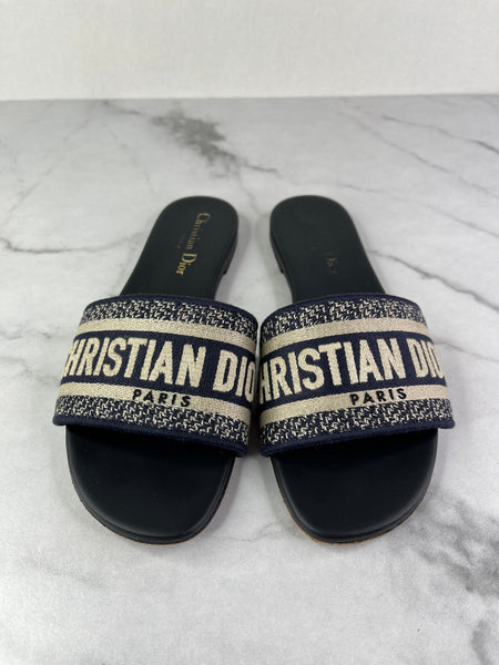 CHRISTIAN DIOR Deep Blue Embroidered Cotton Dway Slides Size 37