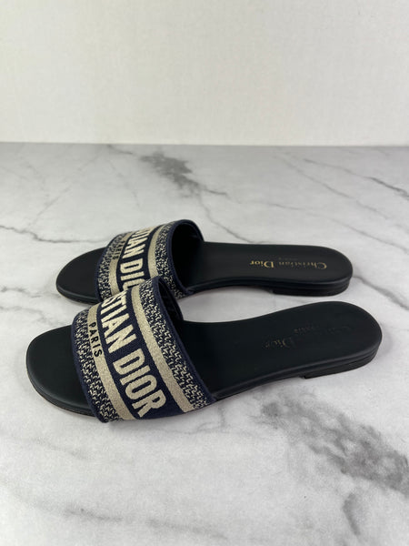 CHRISTIAN DIOR Deep Blue Embroidered Cotton Dway Slides Size 37