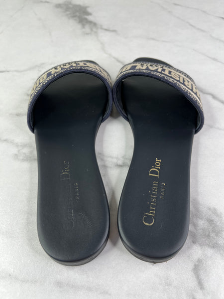 CHRISTIAN DIOR Deep Blue Embroidered Cotton Dway Slides Size 37