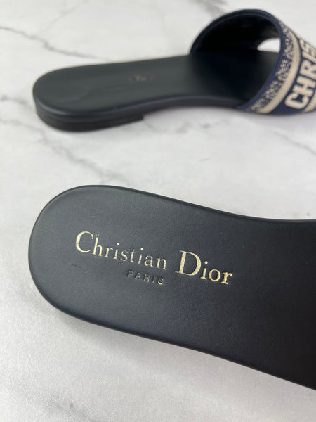 CHRISTIAN DIOR Deep Blue Embroidered Cotton Dway Slides Size 37