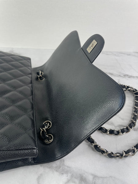 CHANEL Black Caviar SHW Classic Jumbo Single Flap Bag