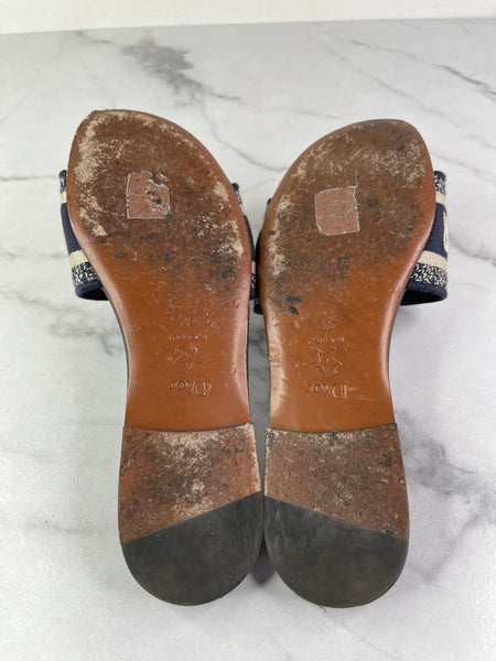 CHRISTIAN DIOR Deep Blue Embroidered Cotton Dway Slides Size 37