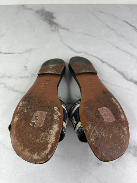 CHRISTIAN DIOR Deep Blue Embroidered Cotton Dway Slides Size 37