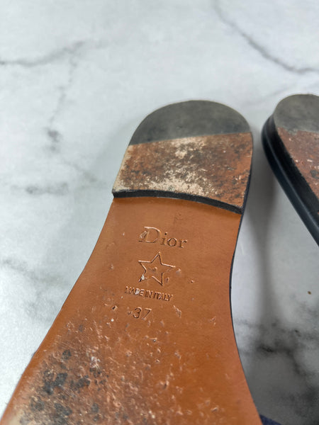 CHRISTIAN DIOR Deep Blue Embroidered Cotton Dway Slides Size 37