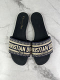 CHRISTIAN DIOR Deep Blue Embroidered Cotton Dway Slides Size 37