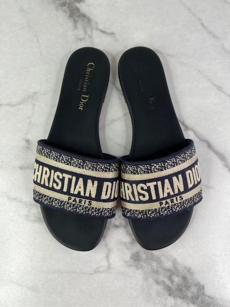 CHRISTIAN DIOR Deep Blue Embroidered Cotton Dway Slides Size 37