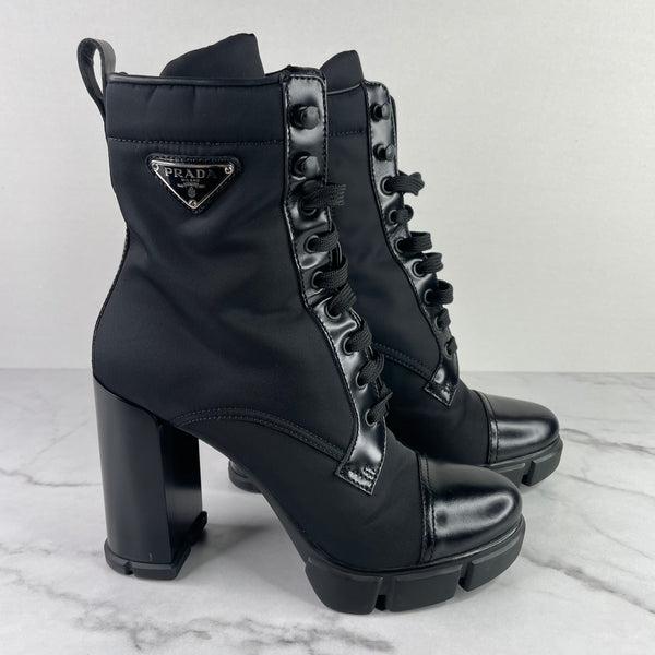 PRADA Black Monolith Re-Nylon And Leather Lace-Up Heeled Ankle Boots Size 39