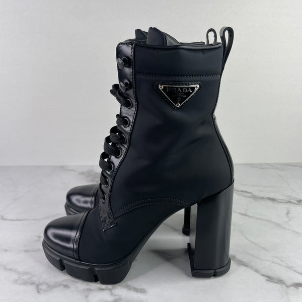 PRADA Black Monolith Re-Nylon And Leather Lace-Up Heeled Ankle Boots Size 39
