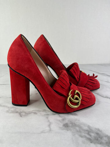 GUCCI Red Suede Leather GG Marmont Fringe Detail Block Heel Pumps Size 36.5