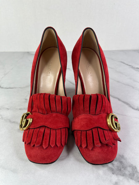 GUCCI Red Suede Leather GG Marmont Fringe Detail Block Heel Pumps Size 36.5