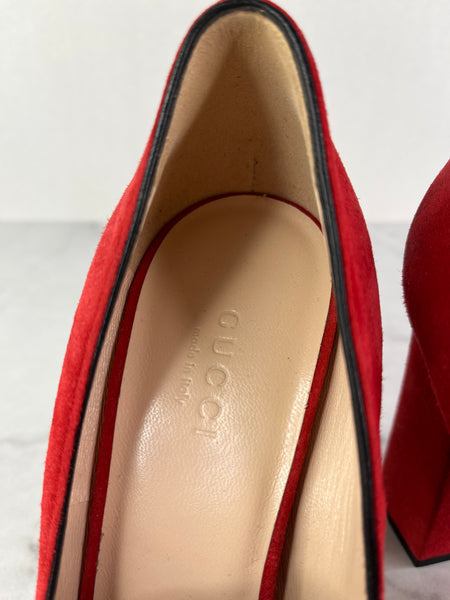 GUCCI Red Suede Leather GG Marmont Fringe Detail Block Heel Pumps Size 36.5