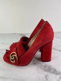 GUCCI Red Suede Leather GG Marmont Fringe Detail Block Heel Pumps Size 36.5