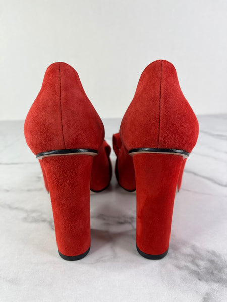 GUCCI Red Suede Leather GG Marmont Fringe Detail Block Heel Pumps Size 36.5