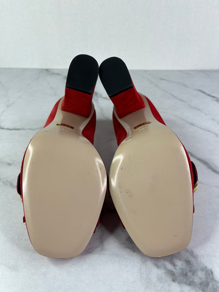 GUCCI Red Suede Leather GG Marmont Fringe Detail Block Heel Pumps Size 36.5