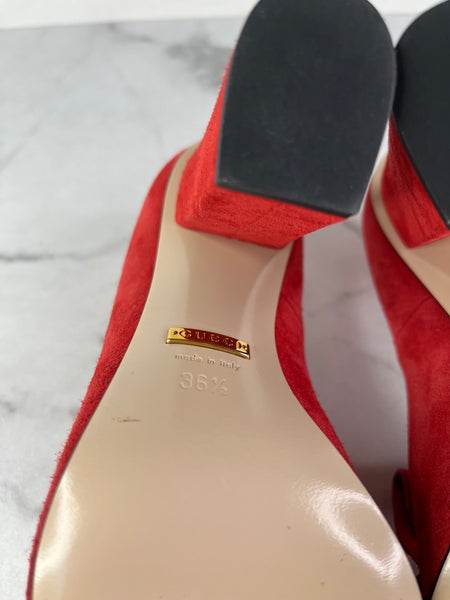 GUCCI Red Suede Leather GG Marmont Fringe Detail Block Heel Pumps Size 36.5