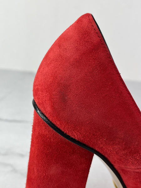 GUCCI Red Suede Leather GG Marmont Fringe Detail Block Heel Pumps Size 36.5