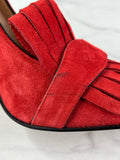 GUCCI Red Suede Leather GG Marmont Fringe Detail Block Heel Pumps Size 36.5