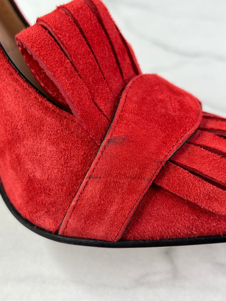 GUCCI Red Suede Leather GG Marmont Fringe Detail Block Heel Pumps Size 36.5