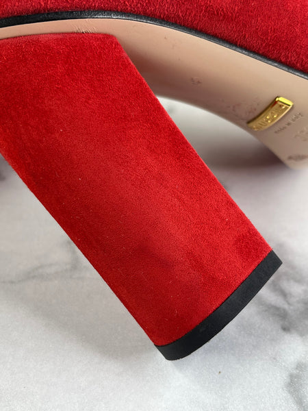 GUCCI Red Suede Leather GG Marmont Fringe Detail Block Heel Pumps Size 36.5