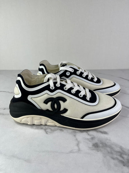 CHANEL White Black Lycra Womens CC Sneakers Size 36.5