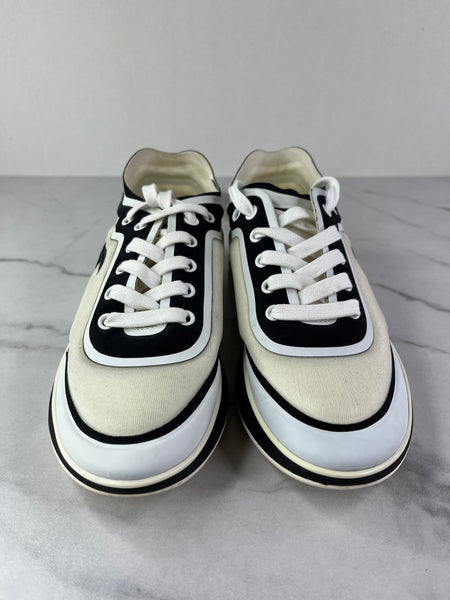 CHANEL White Black Lycra Womens CC Sneakers Size 36.5