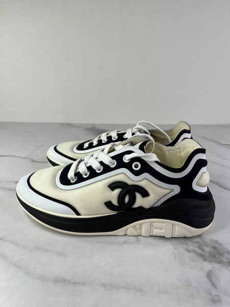 CHANEL White Black Lycra Womens CC Sneakers Size 36.5