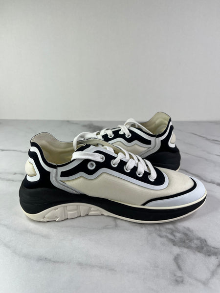 CHANEL White Black Lycra Womens CC Sneakers Size 36.5