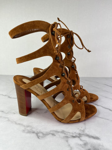 Christian Louboutin Tan Brown Suede Amazoudur Gladiator Sandals Size 37