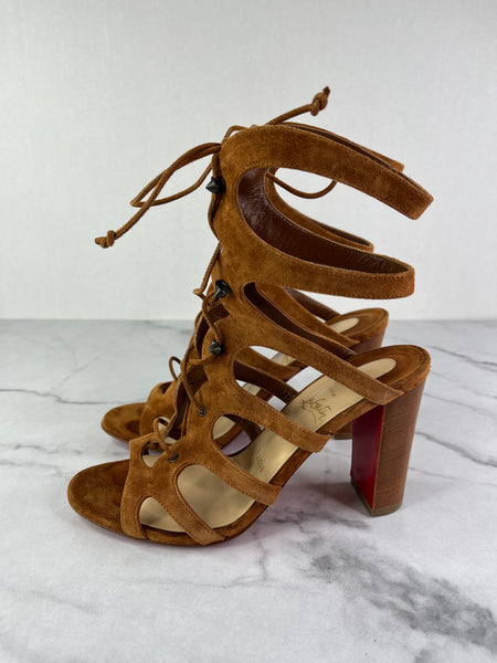 Christian Louboutin Tan Brown Suede Amazoudur Gladiator Sandals Size 37