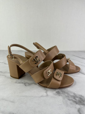 CHANEL Beige Calfskin CC Turnlock Sandals Size 37
