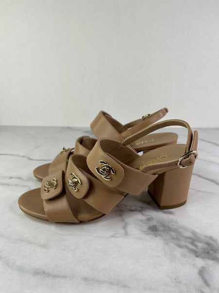 CHANEL Beige Calfskin CC Turnlock Sandals Size 37