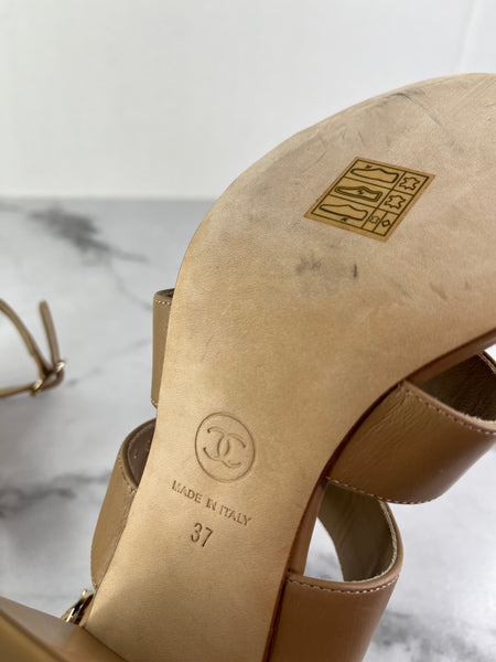 CHANEL Beige Calfskin CC Turnlock Sandals Size 37