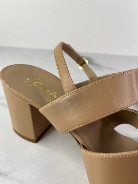 CHANEL Beige Calfskin CC Turnlock Sandals Size 37