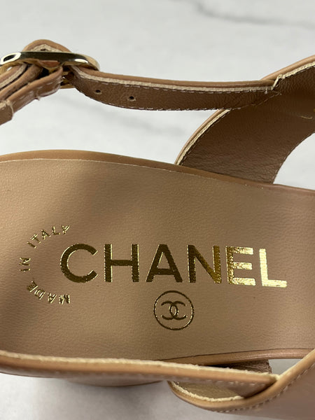 CHANEL Beige Calfskin CC Turnlock Sandals Size 37