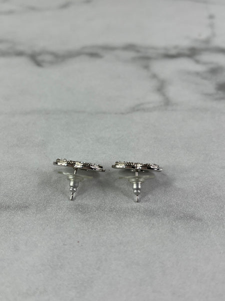 CHANEL Silver Strass CC Stud Earrings