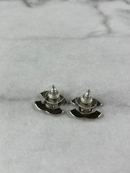 CHANEL Silver Strass CC Stud Earrings