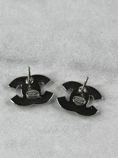 CHANEL Silver Strass CC Stud Earrings