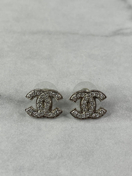 CHANEL Silver Strass CC Stud Earrings