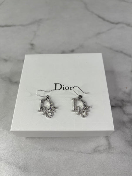 Christian Dior Silver Crystal Logo Dangle Earrings