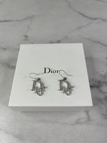 Christian Dior Silver Crystal Logo Dangle Earrings