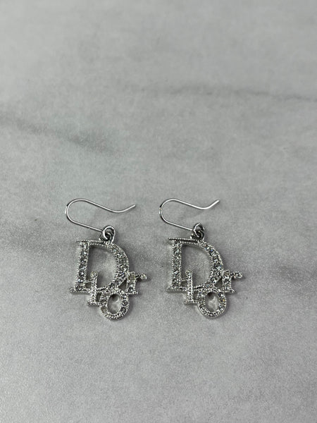 Christian Dior Silver Crystal Logo Dangle Earrings