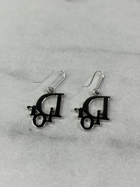 Christian Dior Silver Crystal Logo Dangle Earrings