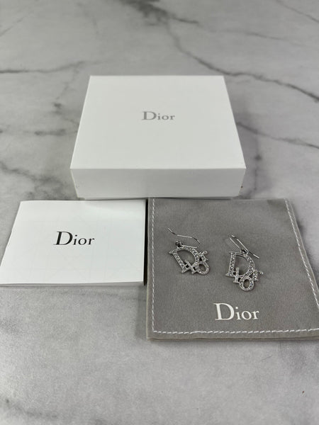 Christian Dior Silver Crystal Logo Dangle Earrings