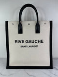 SAINT LAURENT White Black Linen Calfskin Rive Gauche North South Tote