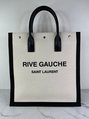 SAINT LAURENT White Black Linen Calfskin Rive Gauche North South Tote
