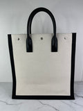 SAINT LAURENT White Black Linen Calfskin Rive Gauche North South Tote