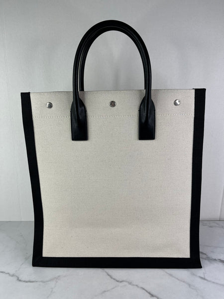 SAINT LAURENT White Black Linen Calfskin Rive Gauche North South Tote