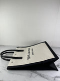 SAINT LAURENT White Black Linen Calfskin Rive Gauche North South Tote