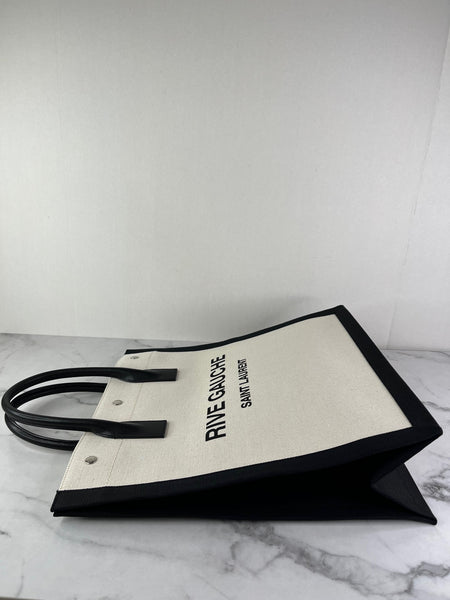 SAINT LAURENT White Black Linen Calfskin Rive Gauche North South Tote