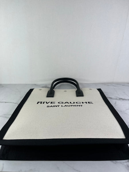 SAINT LAURENT White Black Linen Calfskin Rive Gauche North South Tote